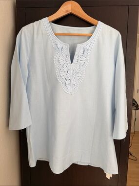 Women's Light Blue Embroidered V-Slit Tunic